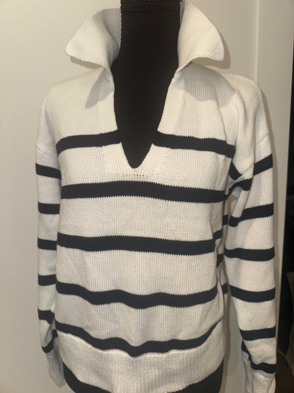 Striped V-Neck Collared Women’s Sweater - White & Navy